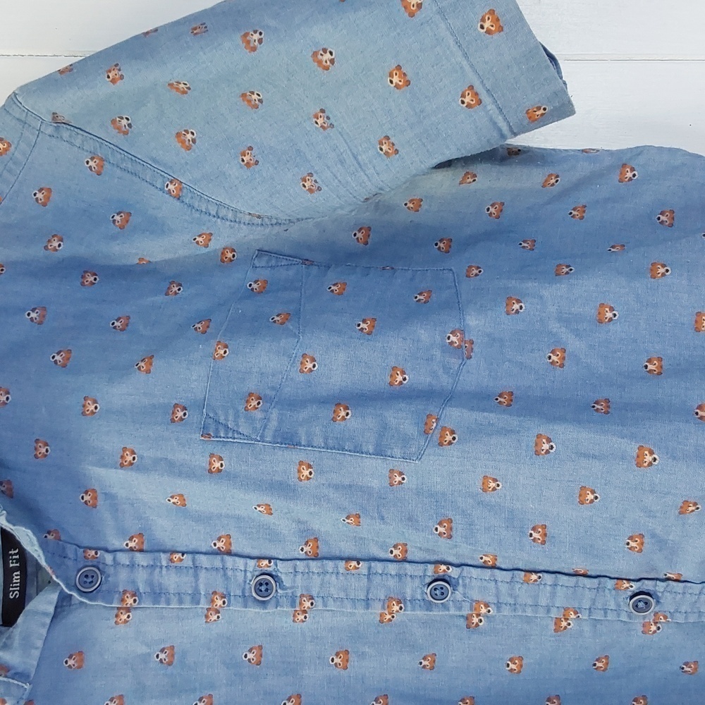 Mens Novelty Blue All Over Bear Print Button Down Shirt Pocket Preppy Sz.Large